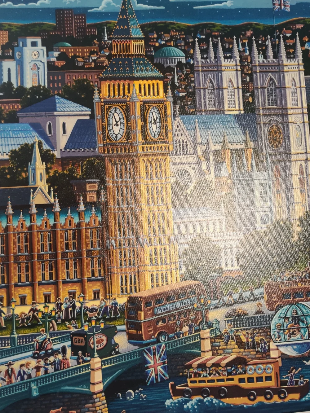 Source Unknown London Cityscape Art Print - Blue, Gold, Green